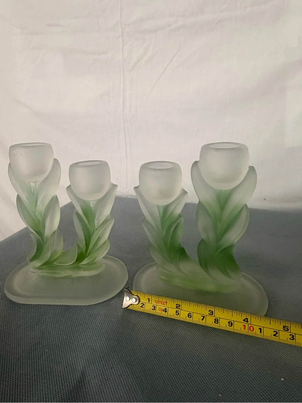 Pair Frosted Vintage Green White Glass Tulip Flower Candle Holders (F166)